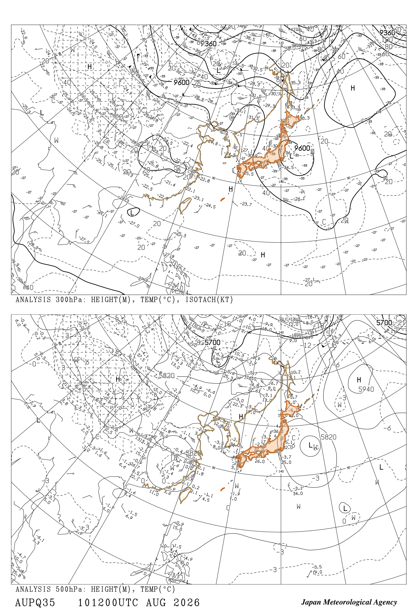 AUPQ35（500hPa / 300hPa 実況）［12UTC］