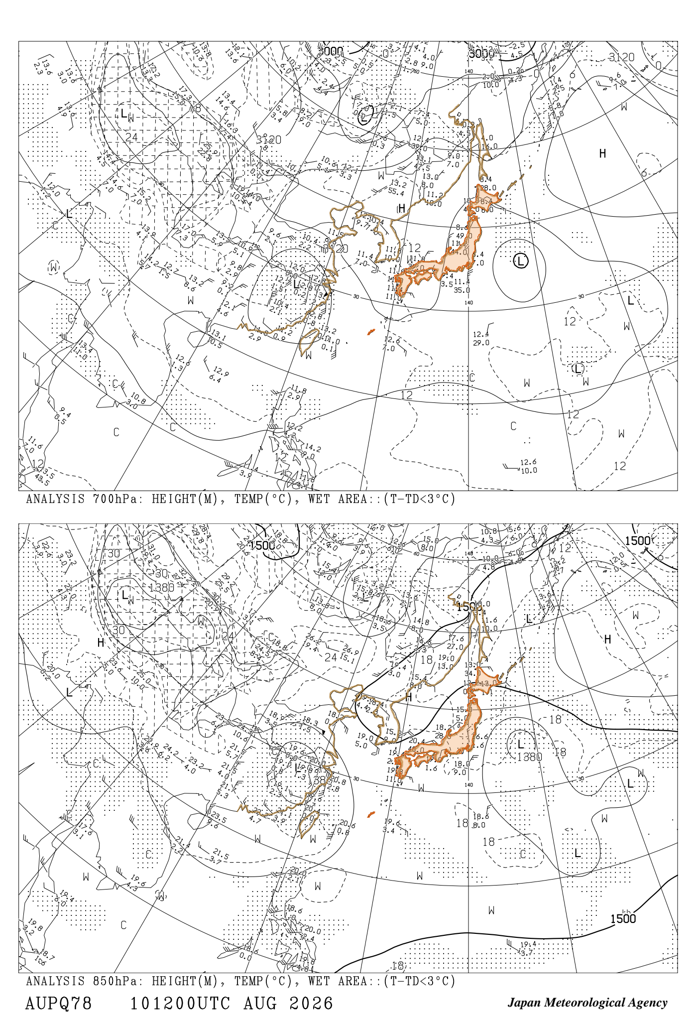 AUPQ78（850hPa / 700hPa 実況）［12UTC］
